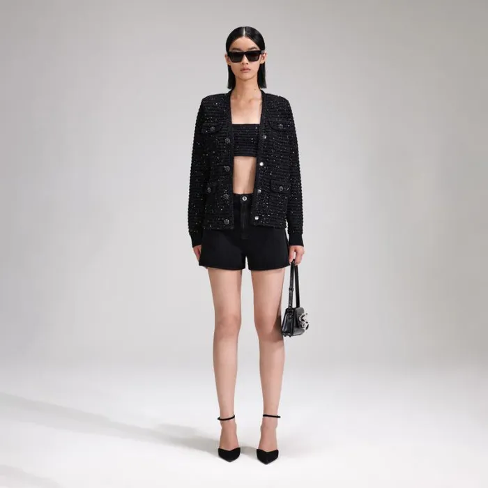 Knitwear Woman SelfPortrait Black Sequin Knit Jacket Knitwear Woman SelfPortrait Black Sequin Knit Jacket