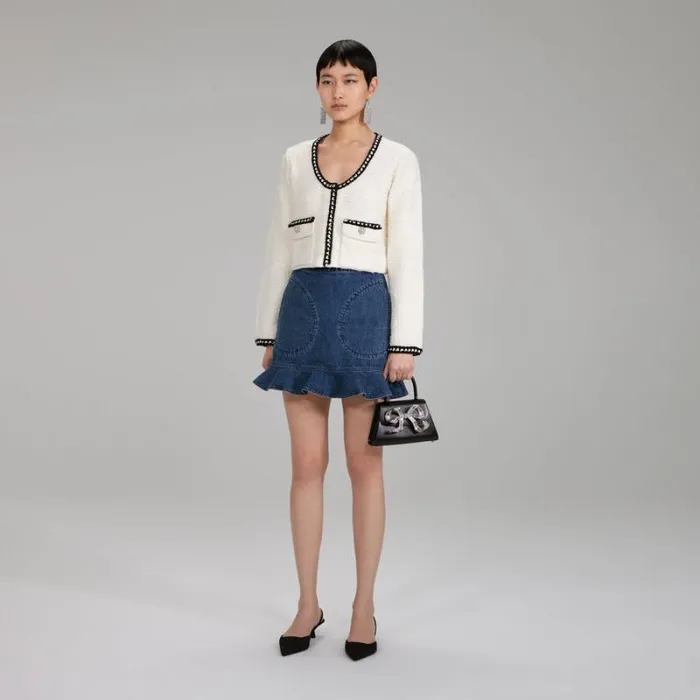 Knitwear Woman SelfPortrait Ivory Tape Knit Cardigan Knitwear Woman SelfPortrait Ivory Tape Knit Cardigan