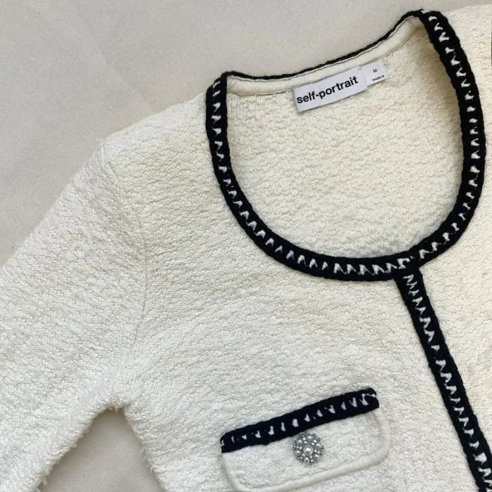 Knitwear Woman SelfPortrait Ivory Tape Knit Cardigan Knitwear Woman SelfPortrait Ivory Tape Knit Cardigan
