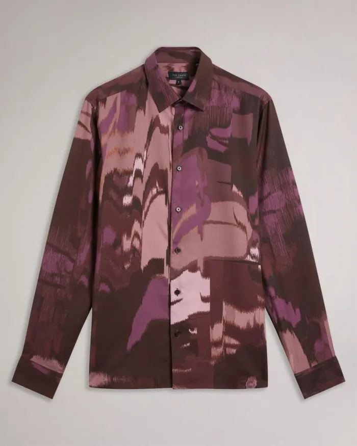 Long Sleeve Abstract Butterfly Print Shirt Maroon Men Ted Baker Clothing