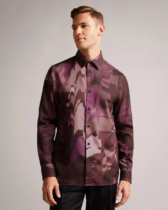 Long Sleeve Abstract Butterfly Print Shirt Maroon Men Ted Baker Clothing
