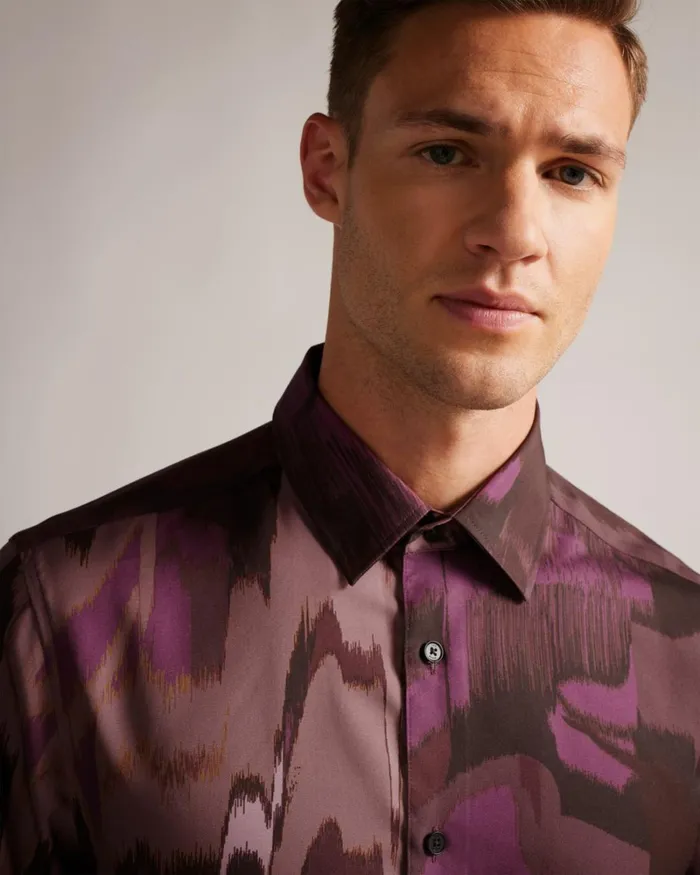 Long Sleeve Abstract Butterfly Print Shirt Maroon Men Ted Baker Clothing