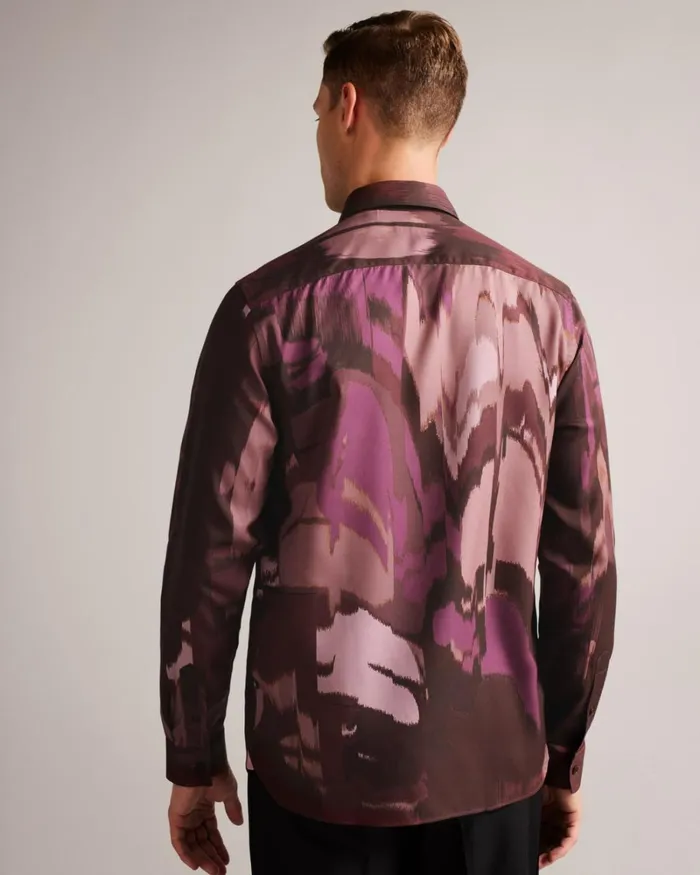 Long Sleeve Abstract Butterfly Print Shirt Maroon Men Ted Baker Clothing