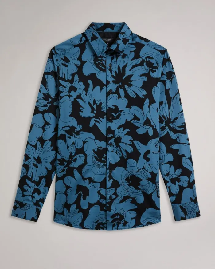 Long Sleeve Floral Print Shirt Medium Blue Men Ted Baker Clothing
