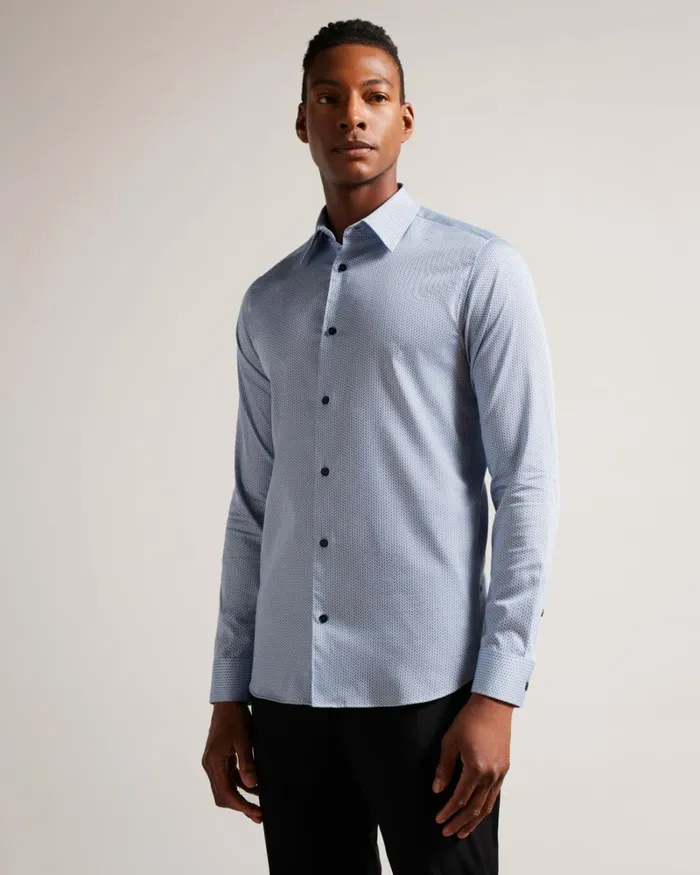Long Sleeve Herringbone Geo Shirt Pale Blue Men Ted Baker Clothing Long Sleeve Herringbone Geo Shirt Pale Blue Men Ted Baker Clothing