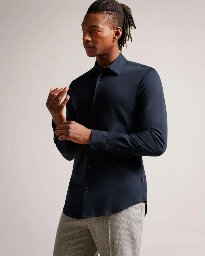Long Sleeve Lustrous Jersey Shirt Navy Men Ted Baker Clothing Long Sleeve Lustrous Jersey Shirt Navy Men Ted Baker Clothing