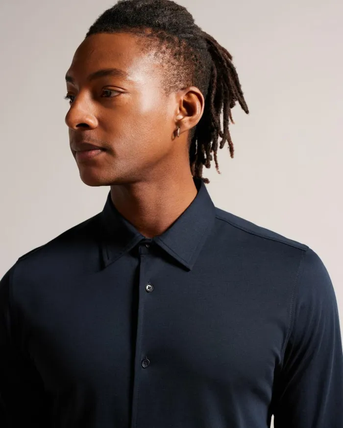 Long Sleeve Lustrous Jersey Shirt Navy Men Ted Baker Clothing Long Sleeve Lustrous Jersey Shirt Navy Men Ted Baker Clothing
