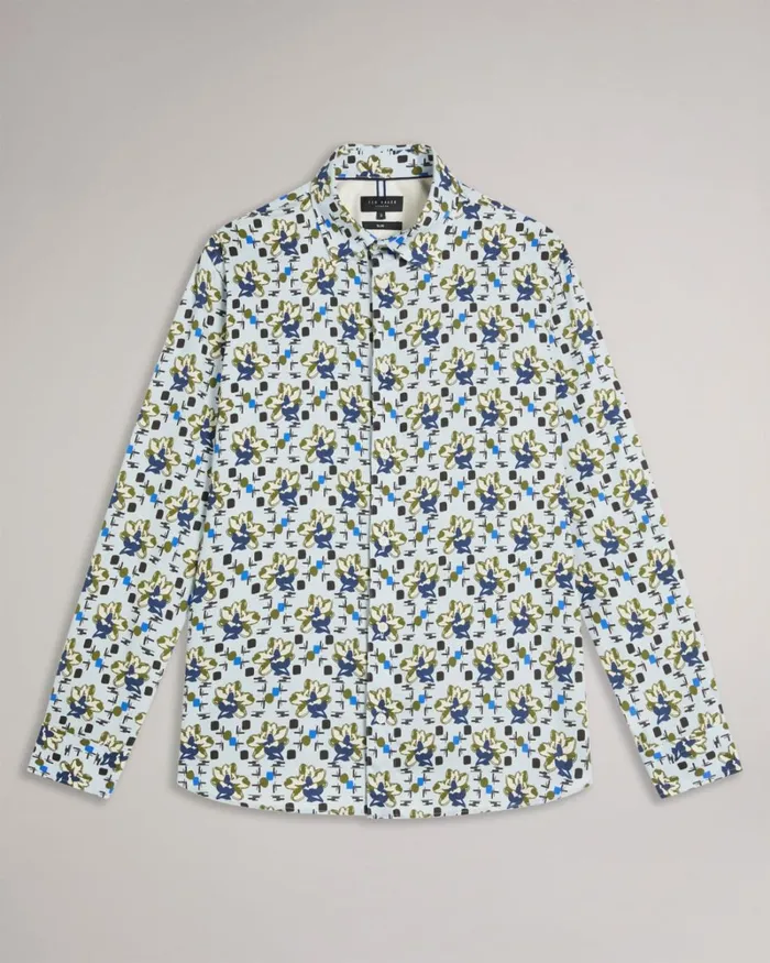 Long Sleeve Magnolia Print Shirt Pale Blue Men Ted Baker Clothing