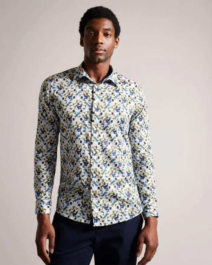 Long Sleeve Magnolia Print Shirt Pale Blue Men Ted Baker Clothing Long Sleeve Magnolia Print Shirt Pale Blue Men Ted Baker Clothing