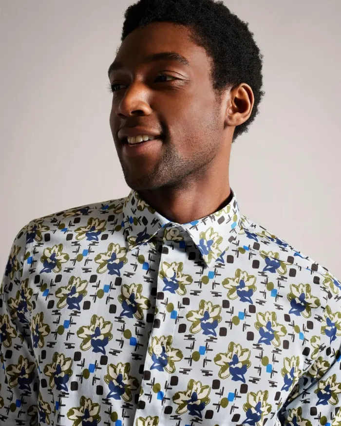 Long Sleeve Magnolia Print Shirt Pale Blue Men Ted Baker Clothing Long Sleeve Magnolia Print Shirt Pale Blue Men Ted Baker Clothing
