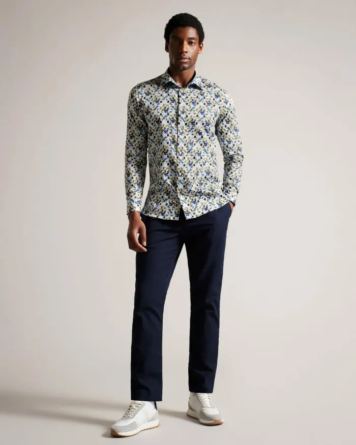 Long Sleeve Magnolia Print Shirt Pale Blue Men Ted Baker Clothing Long Sleeve Magnolia Print Shirt Pale Blue Men Ted Baker Clothing