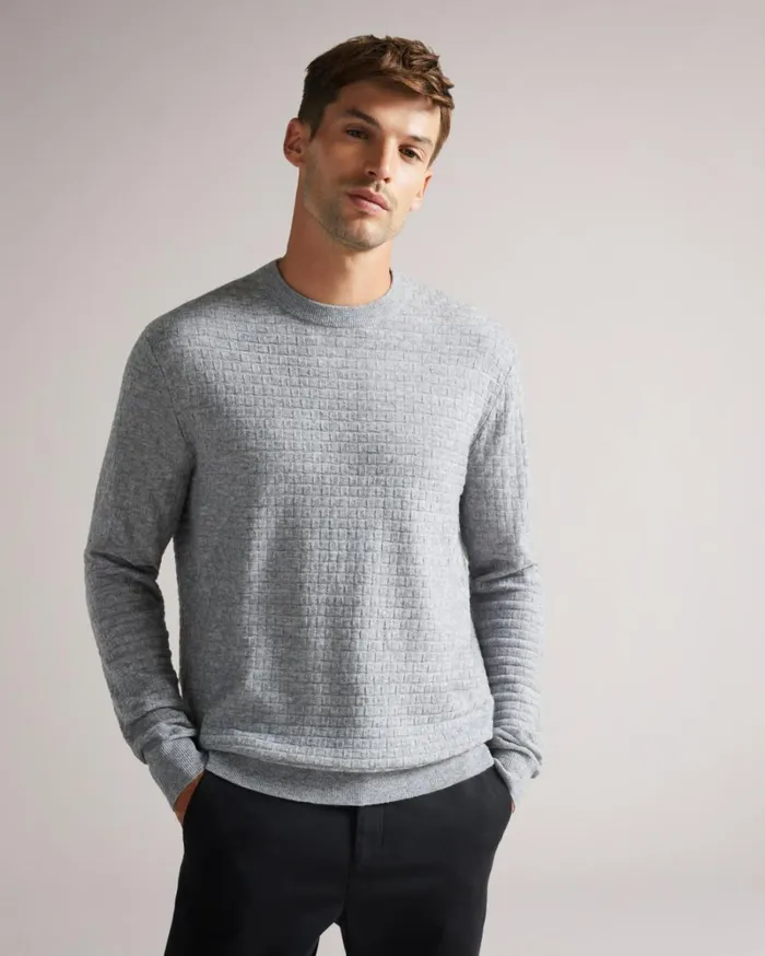 Long Sleeve Textured Crew Neck Gray Marl Men Ted Baker Clothing