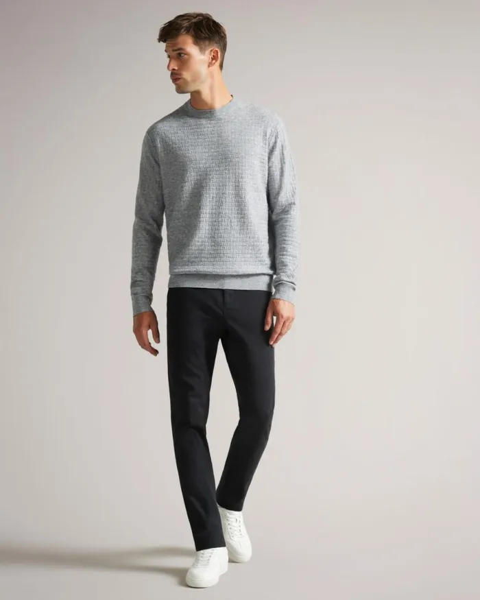 Long Sleeve Textured Crew Neck Gray Marl Men Ted Baker Clothing