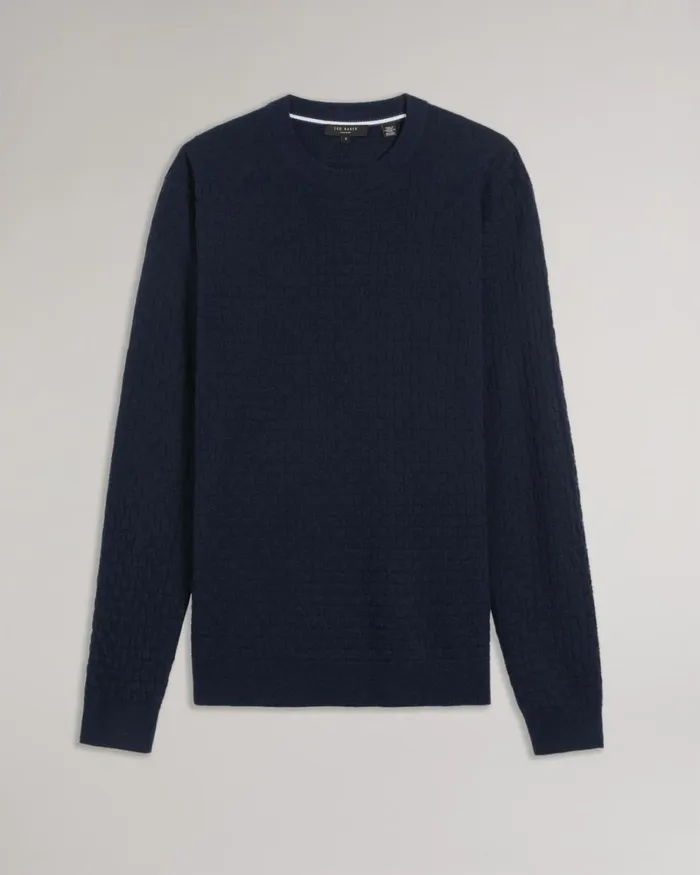 Long Sleeve Textured Crew Neck Navy Men Ted Baker Clothing