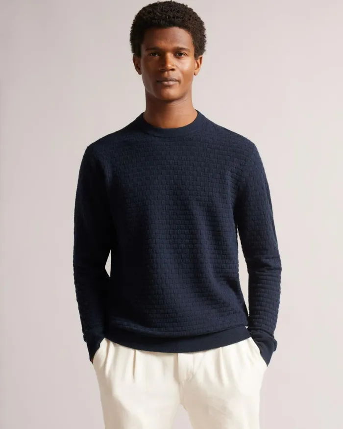 Long Sleeve Textured Crew Neck Navy Men Ted Baker Clothing