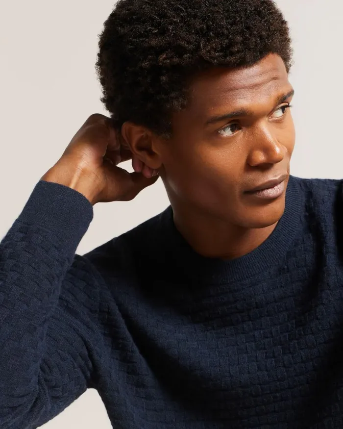 Long Sleeve Textured Crew Neck Navy Men Ted Baker Clothing