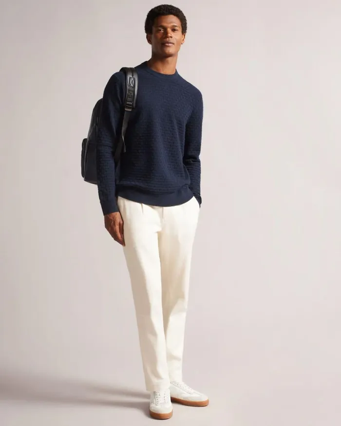 Long Sleeve Textured Crew Neck Navy Men Ted Baker Clothing