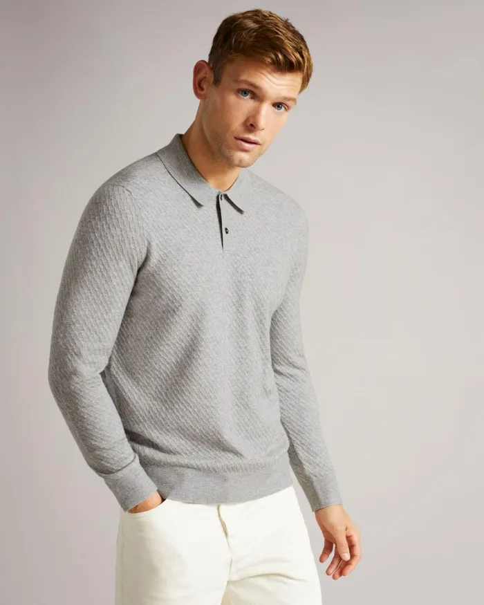 LS Knitted Textured Polo Gray Marl Men Ted Baker Tops LS Knitted Textured Polo Gray Marl Men Ted Baker Tops