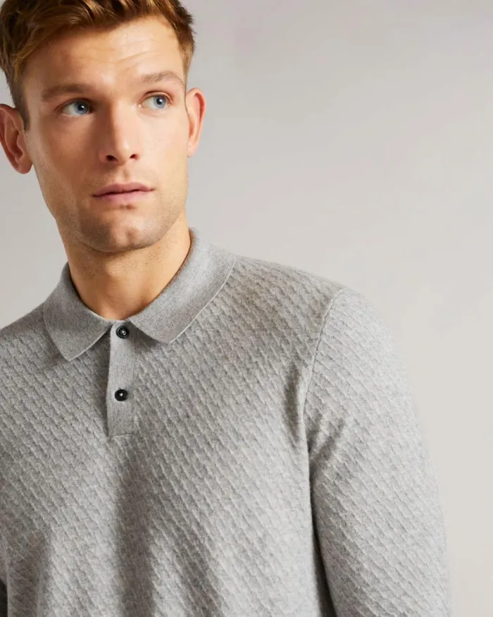 LS Knitted Textured Polo Gray Marl Men Ted Baker Tops LS Knitted Textured Polo Gray Marl Men Ted Baker Tops