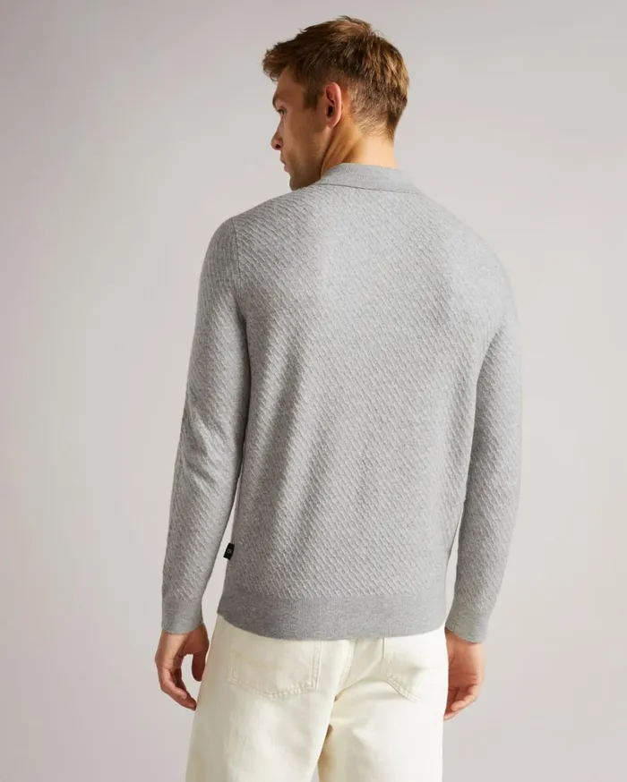 LS Knitted Textured Polo Gray Marl Men Ted Baker Tops LS Knitted Textured Polo Gray Marl Men Ted Baker Tops