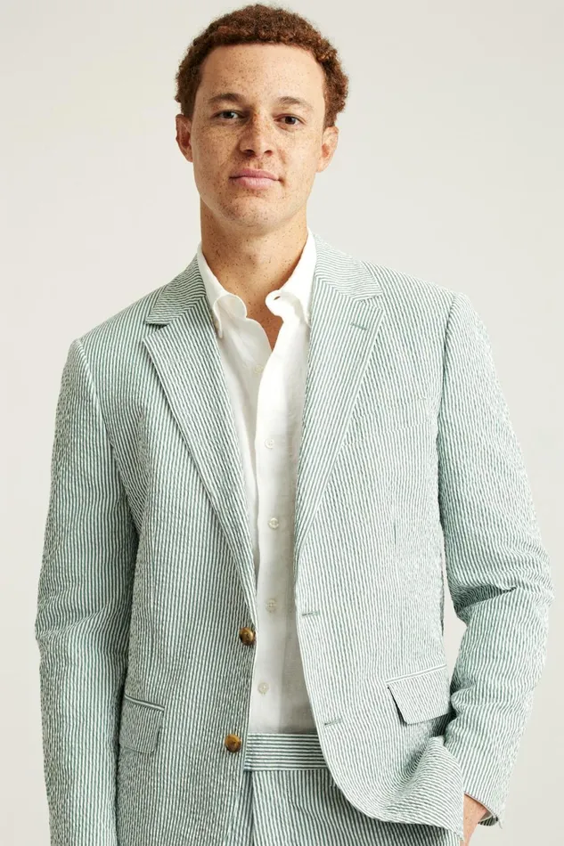 Men Blazers and Sport Coats Bonobos Jetsetter Italian Seersucker Blazer Olive And White Stripe