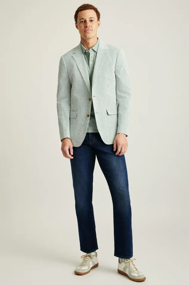 Men Blazers and Sport Coats Bonobos Jetsetter Italian Seersucker Blazer Olive And White Stripe