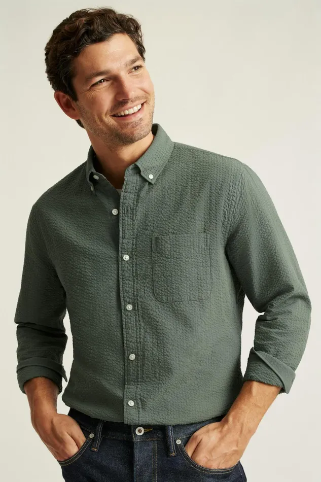 Men Business Casual Shirts Bonobos Everyday Shirt Deep Sage Seersucker