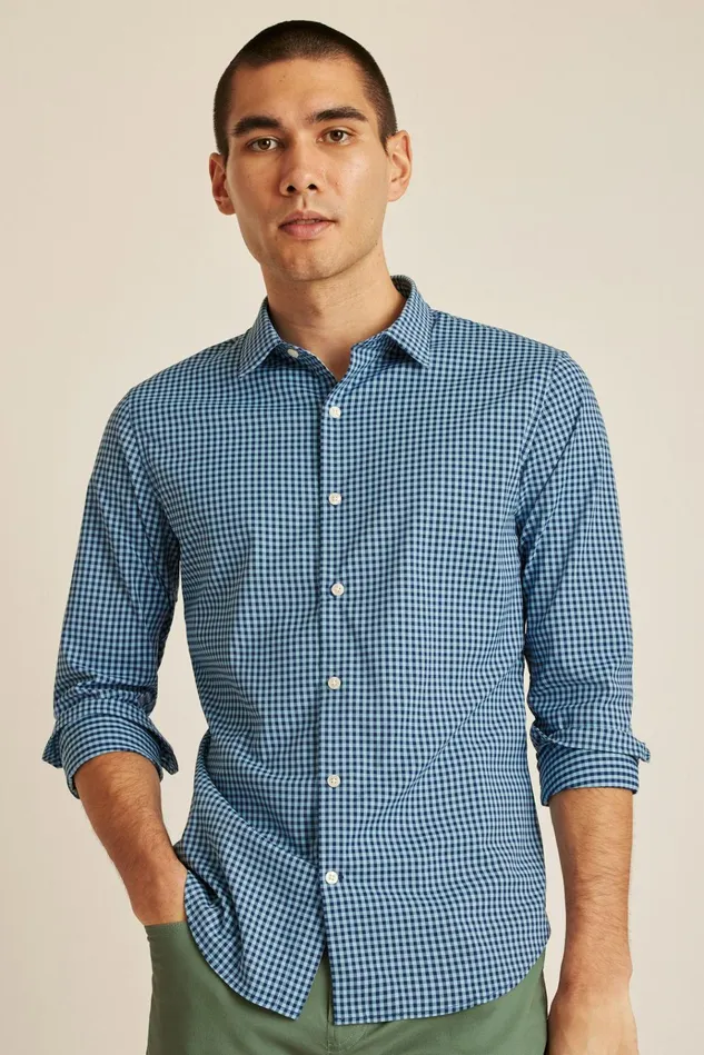 Men Business Casual Shirts Bonobos Tech Button Down Shirt Navy Blue Mini Gingham