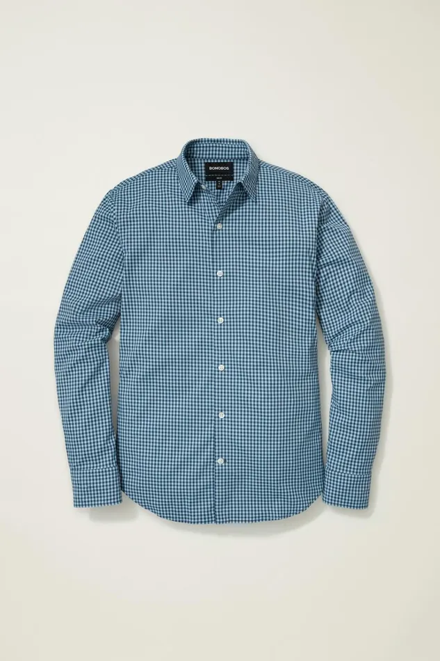 Men Business Casual Shirts Bonobos Tech Button Down Shirt Navy Blue Mini Gingham