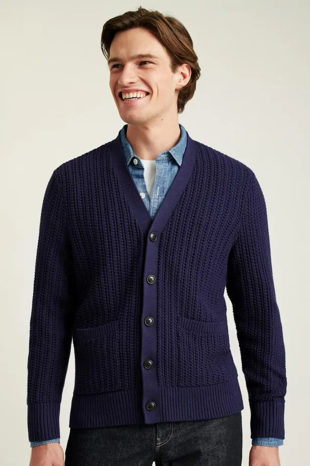 Men Cardigan Sweaters Bonobos Open Knit Cotton Cardigan Royal Blue