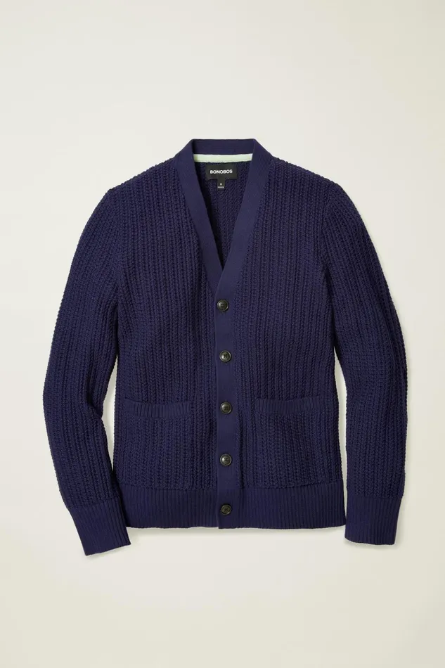 Men Cardigan Sweaters Bonobos Open Knit Cotton Cardigan Royal Blue