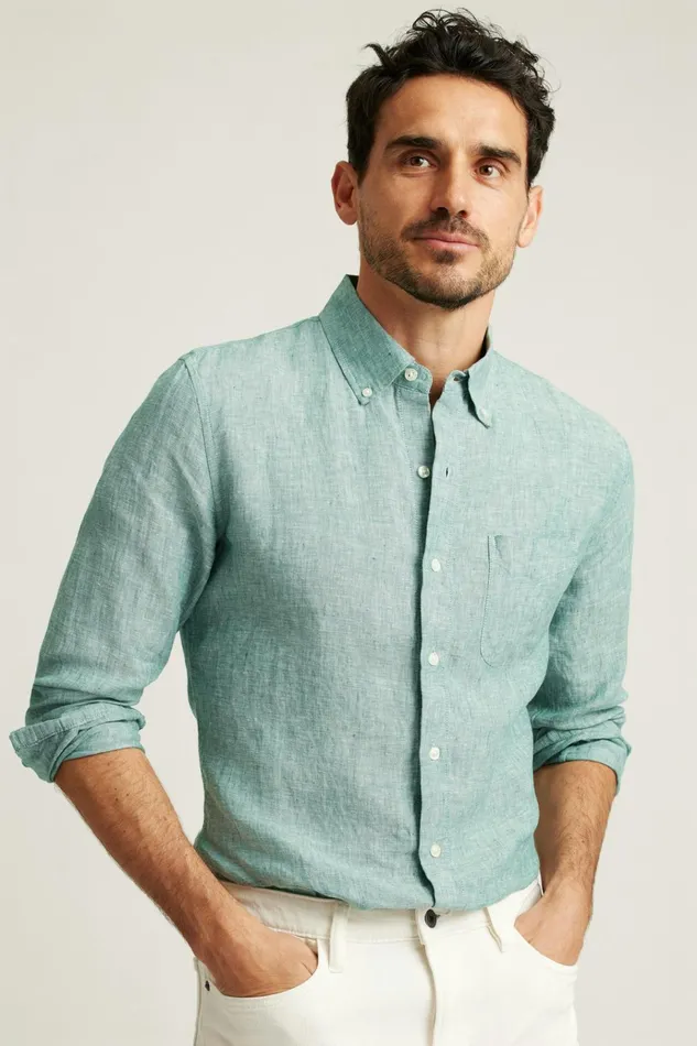 Men Casual Shirts Bonobos Everyday Linen Shirt Kale Green