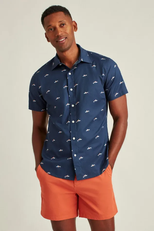Men Casual Shirts Bonobos Riviera Short Sleeve Shirt Blue Geo Shark