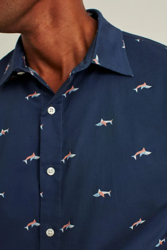 Men Casual Shirts Bonobos Riviera Short Sleeve Shirt Blue Geo Shark