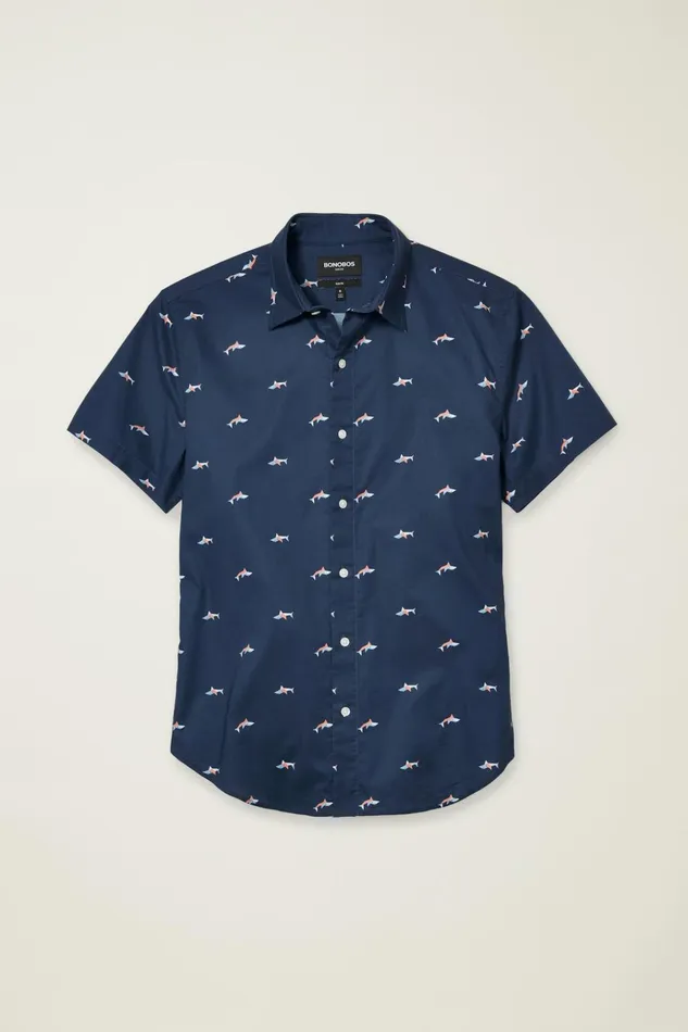 Men Casual Shirts Bonobos Riviera Short Sleeve Shirt Blue Geo Shark