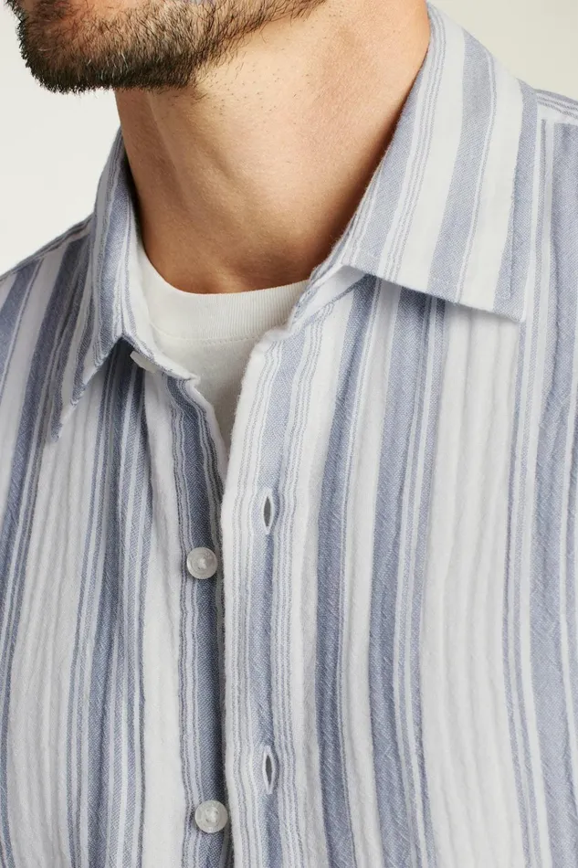 Men Casual Shirts Bonobos Riviera Short Sleeve Shirt Blue White Gauze Stripe