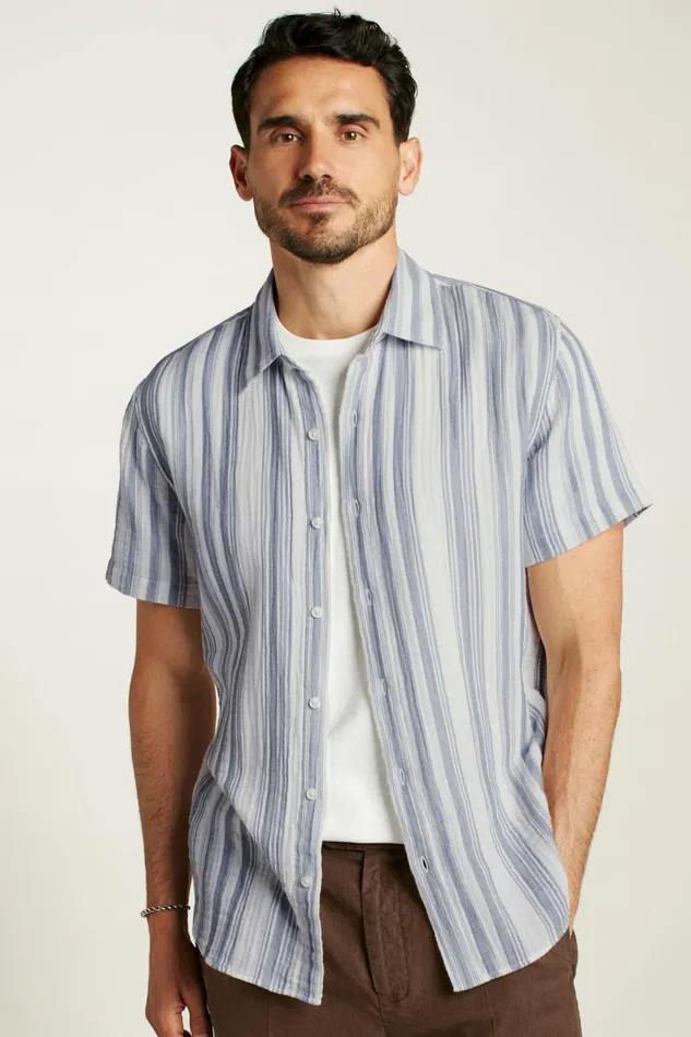 Men Casual Shirts Bonobos Riviera Short Sleeve Shirt Blue White Gauze Stripe