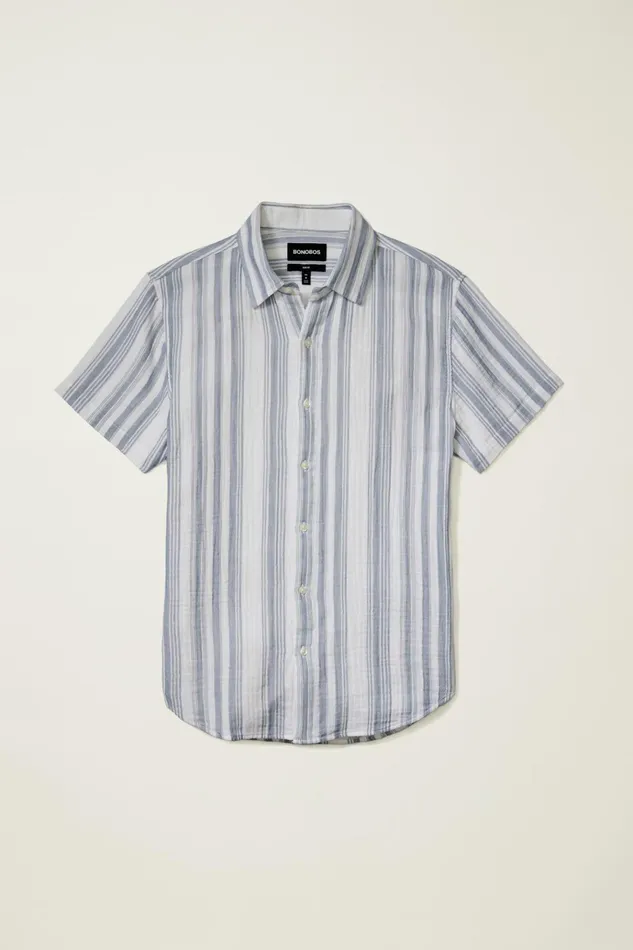Men Casual Shirts Bonobos Riviera Short Sleeve Shirt Blue White Gauze Stripe
