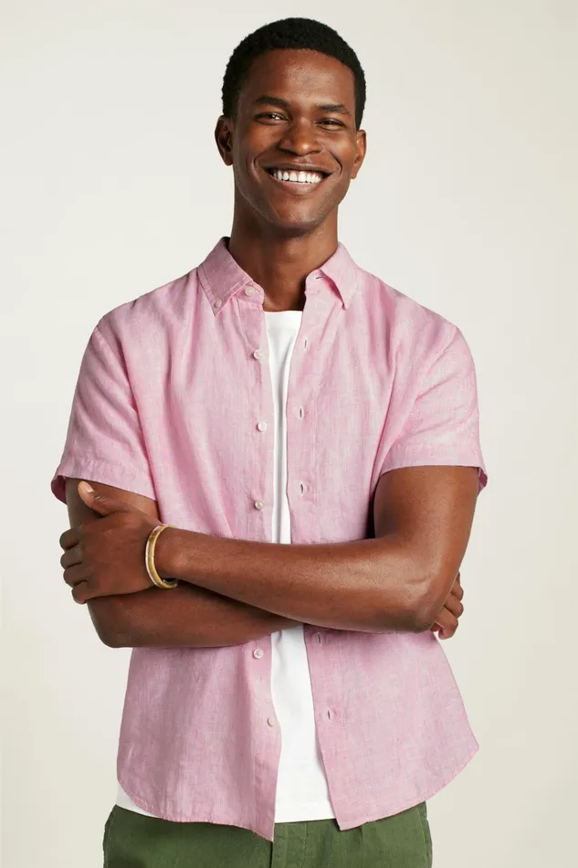 Men Casual Shirts Bonobos Riviera Short Sleeve Shirt Flamingo Pink Linen