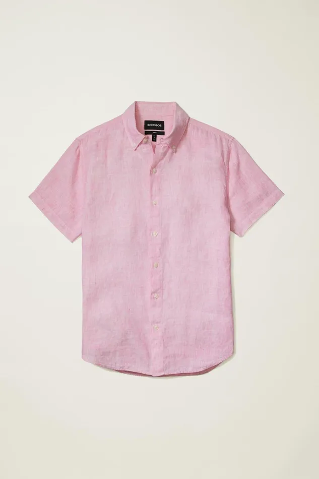 Men Casual Shirts Bonobos Riviera Short Sleeve Shirt Flamingo Pink Linen