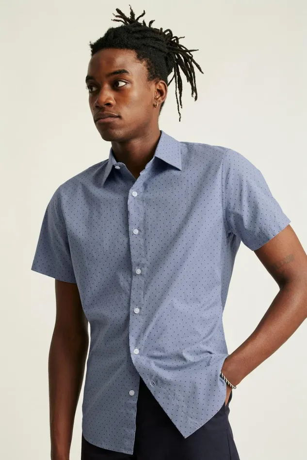 Men Casual Shirts Bonobos Riviera Short Sleeve Shirt Navy Chambray Dot