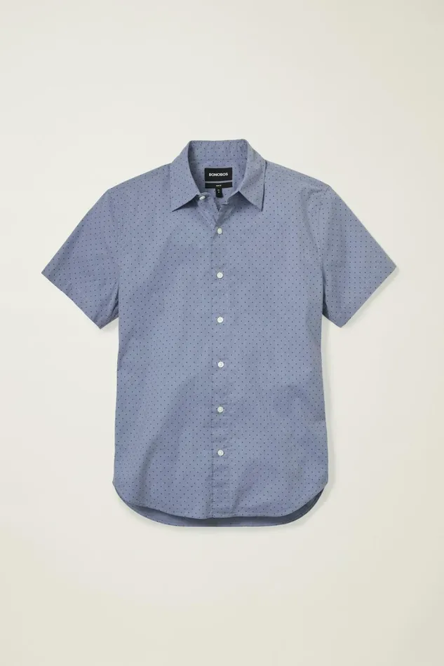 Men Casual Shirts Bonobos Riviera Short Sleeve Shirt Navy Chambray Dot