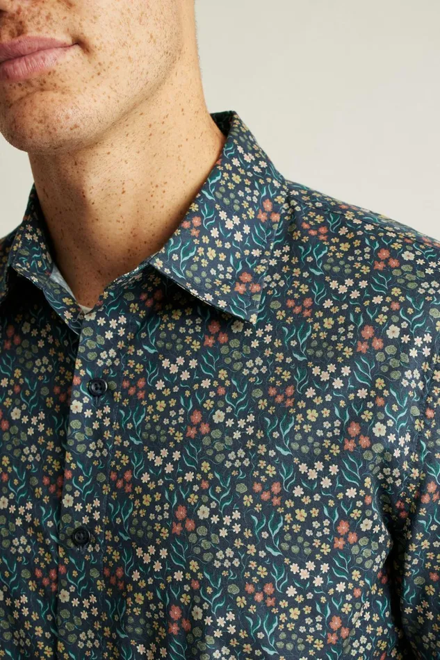Men Casual Shirts Bonobos Riviera Short Sleeve Shirt Navy Green Garden