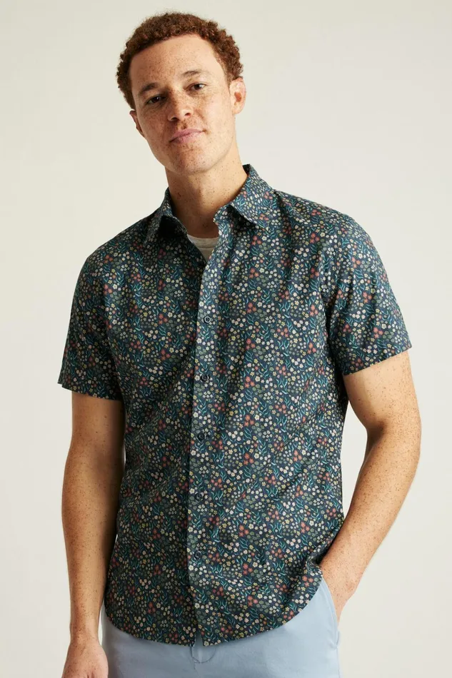 Men Casual Shirts Bonobos Riviera Short Sleeve Shirt Navy Green Garden