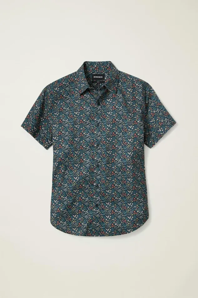 Men Casual Shirts Bonobos Riviera Short Sleeve Shirt Navy Green Garden
