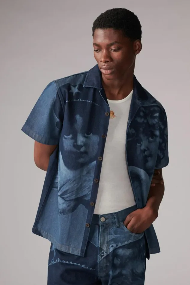Men Fiorucci Enlarged Angels Bowling Shirt Blue Navy Men Fiorucci Enlarged Angels Bowling Shirt Blue Navy