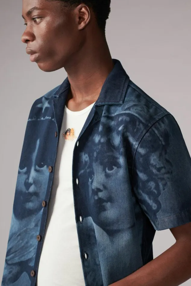 Men Fiorucci Enlarged Angels Bowling Shirt Blue Navy Men Fiorucci Enlarged Angels Bowling Shirt Blue Navy