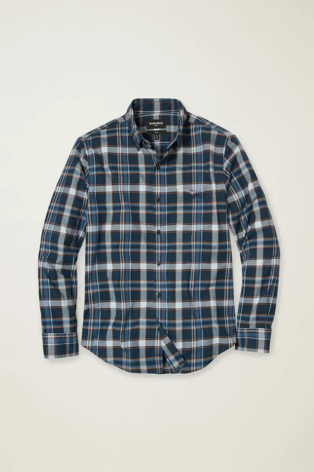 Men Flannels and Shirt Jackets Bonobos Everyday Lightweight Flannel Shirt Navy Fulton Plaid