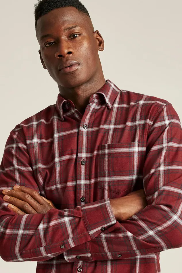 Men Flannels and Shirt Jackets Bonobos Everyday Lightweight Flannel Shirt Red Wellington Plaid
