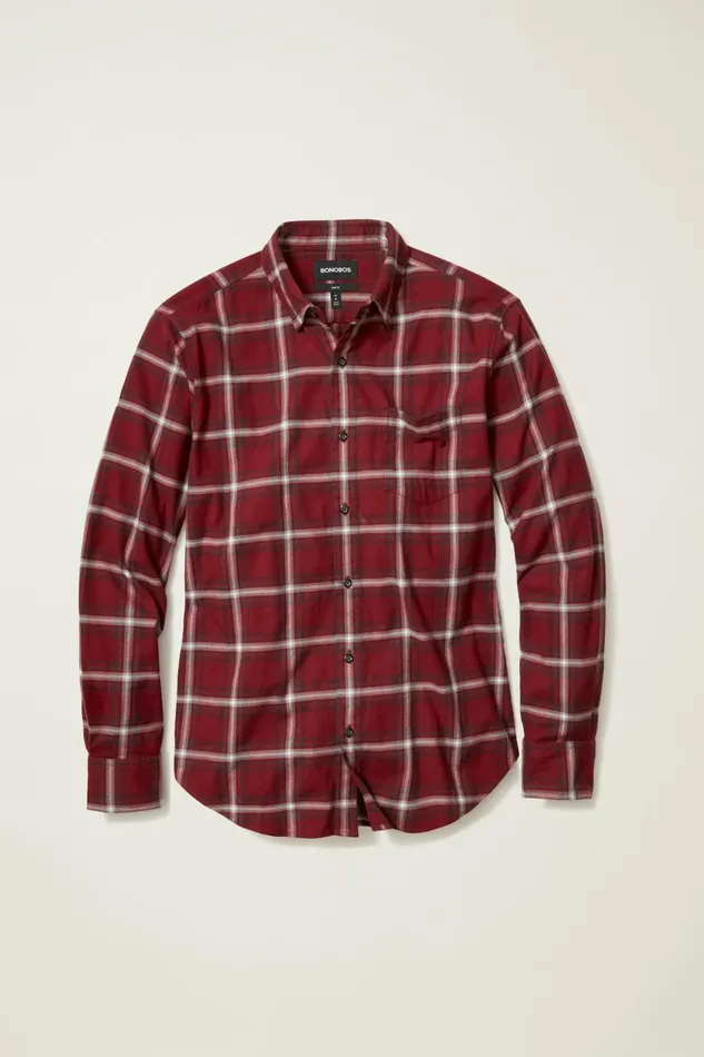 Men Flannels and Shirt Jackets Bonobos Everyday Lightweight Flannel Shirt Red Wellington Plaid